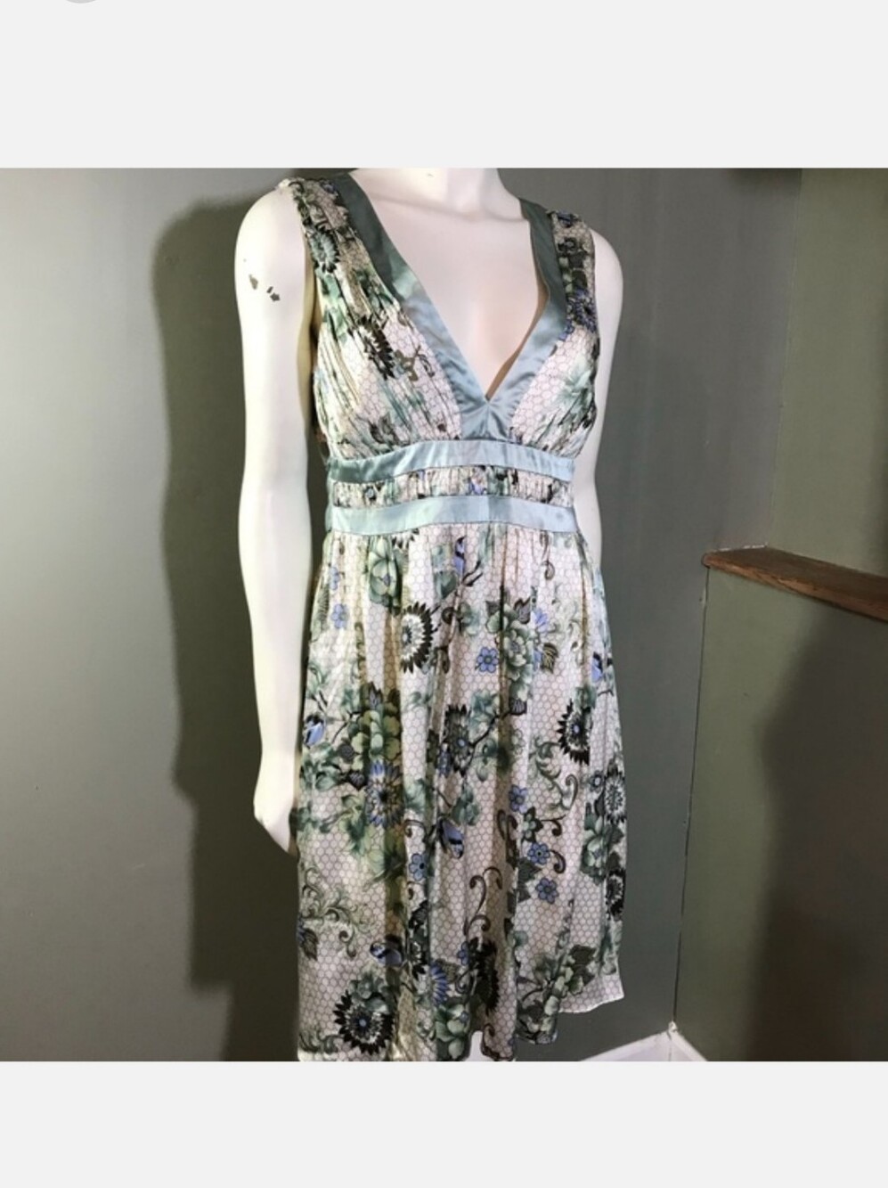 Arden B Floral Silk V-Neck Midi Dress in Fern/Sage and Blue NWT